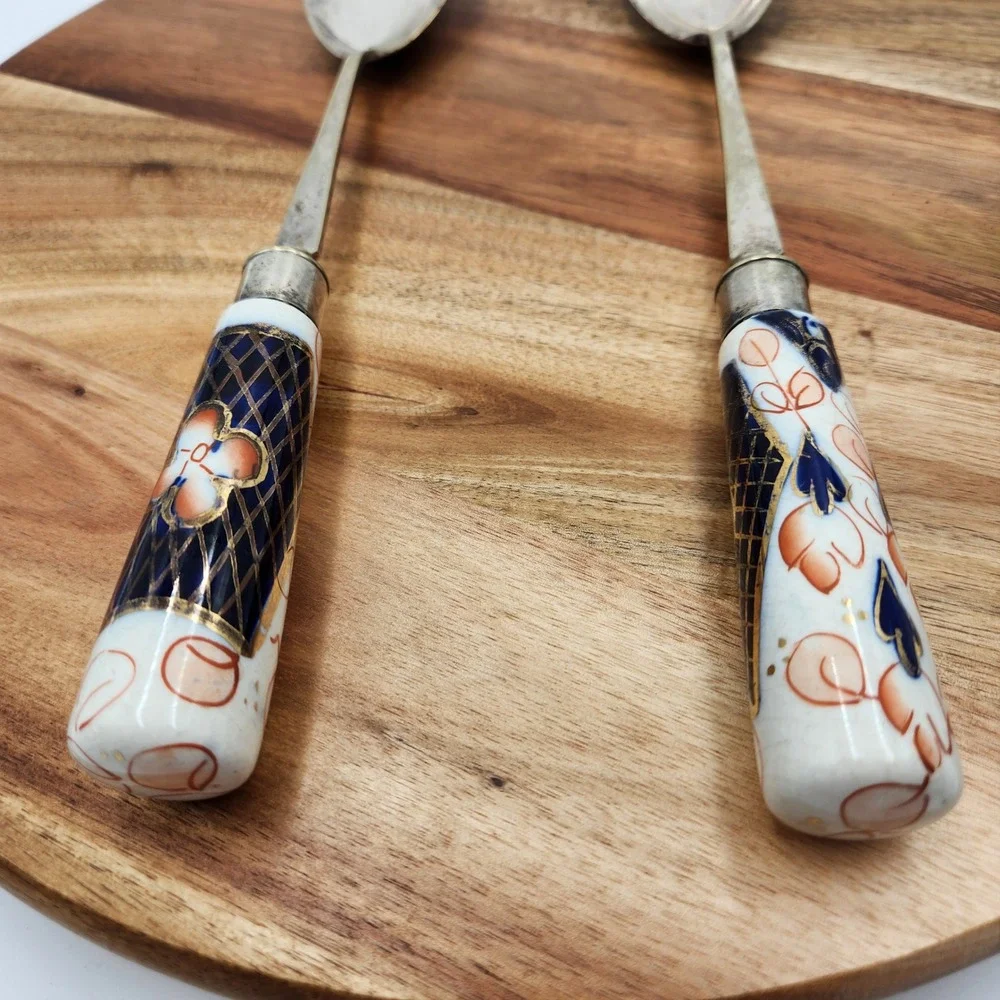 Vintage EPNS England Salad Serving Set Imari Style Porcelain Handles 10